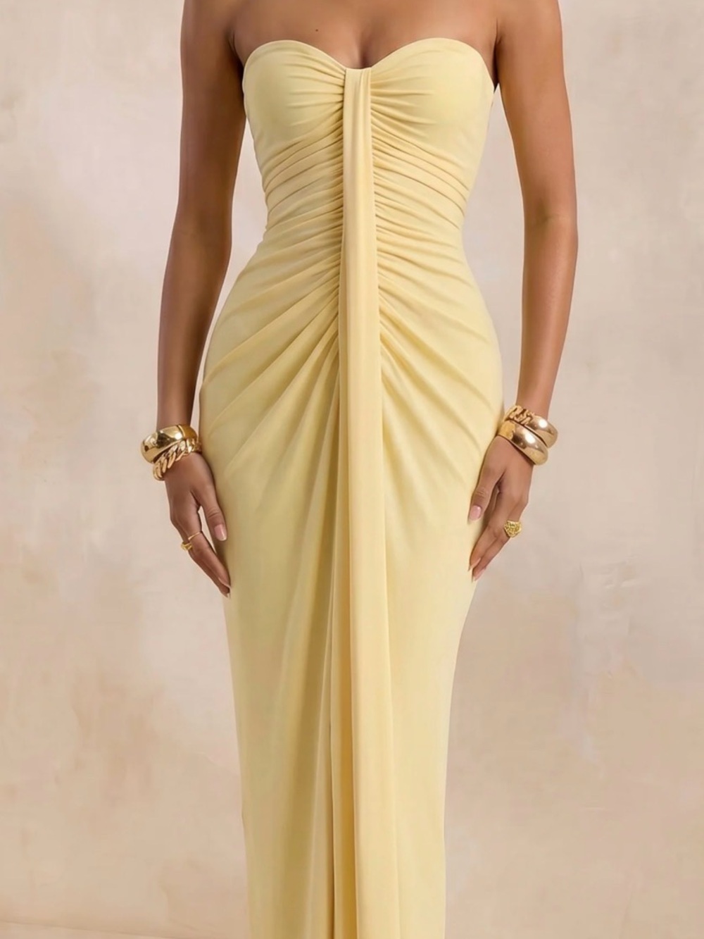 Strapless Ruched Column Dress in Pale Yellow by